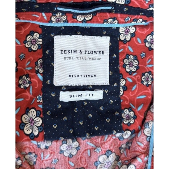 Denim & Flower Mens Red Floral Short Sleeve Button Up Preppy Collared Shirt - Picture 3 of 4